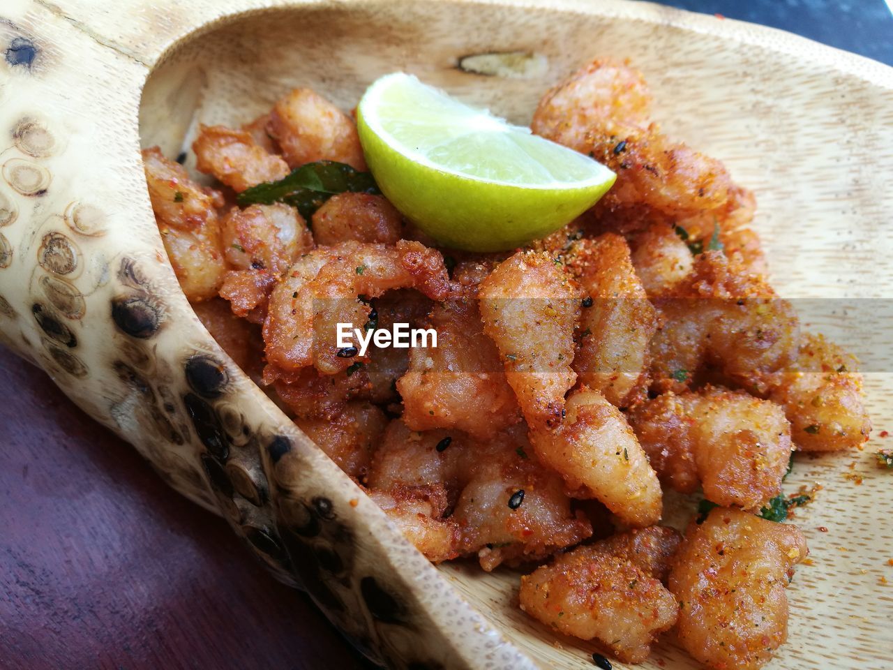 High angle view of food served in plate on table