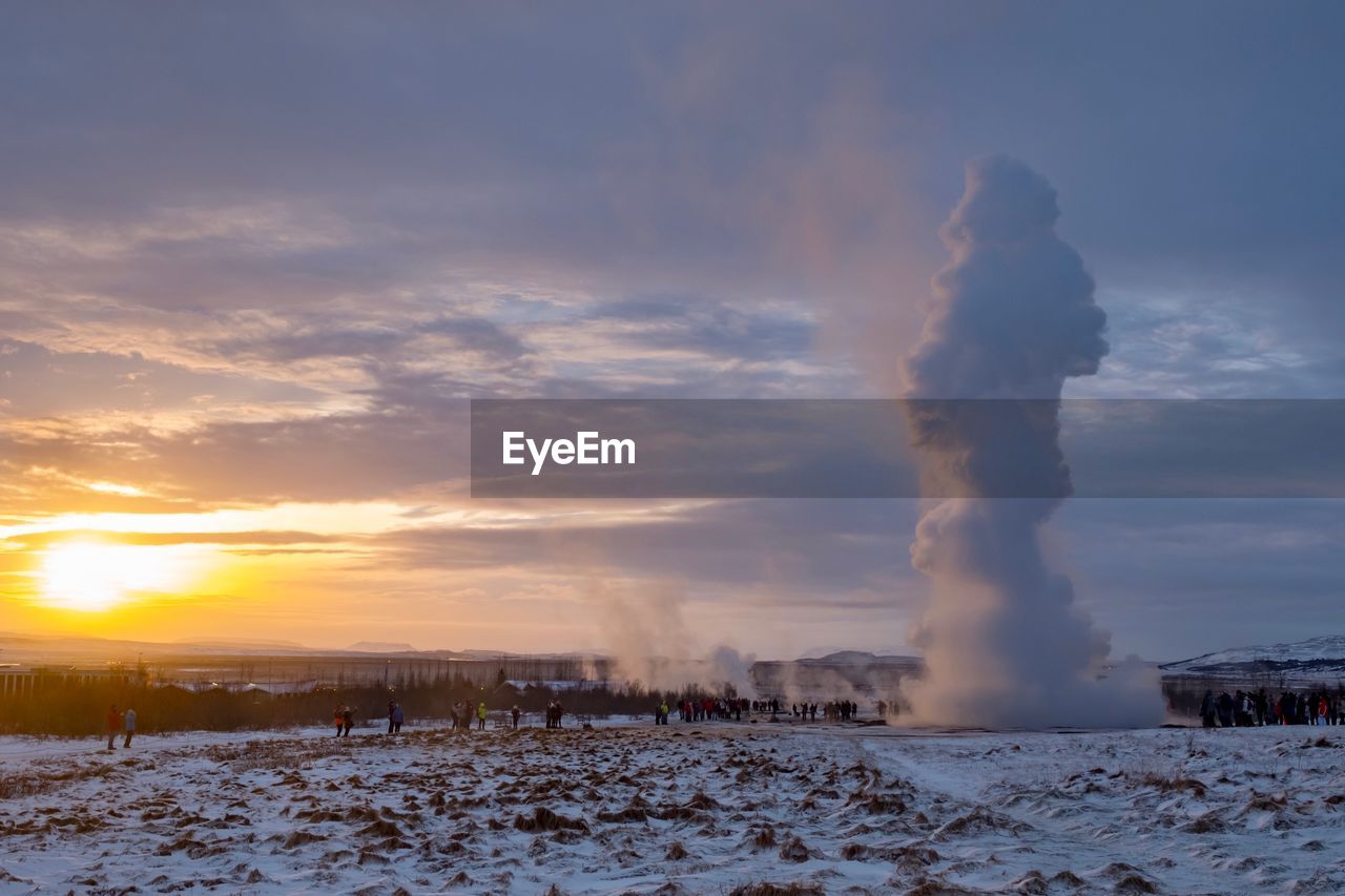 Panoramic view of landscape at stokkur geysir against sky