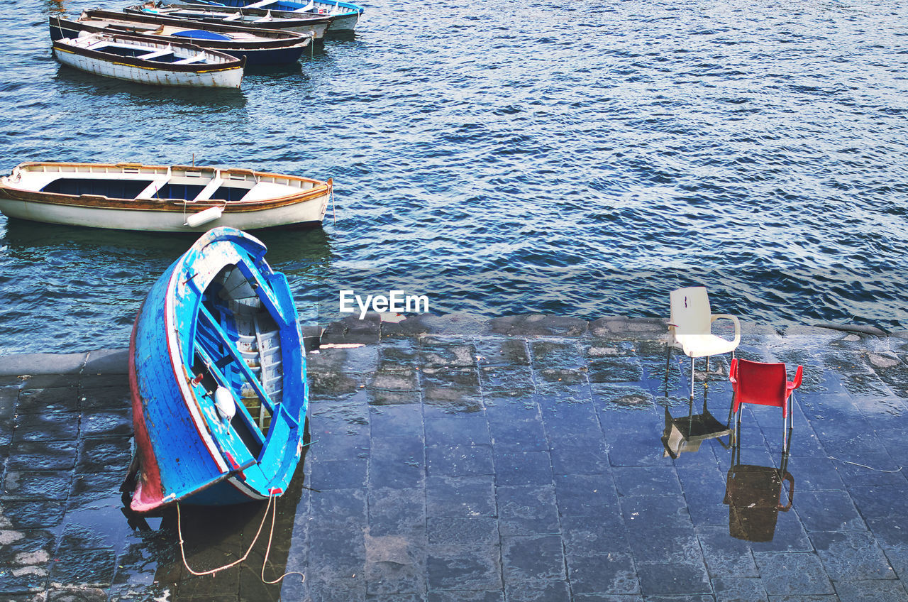 High angle view of boats in sea