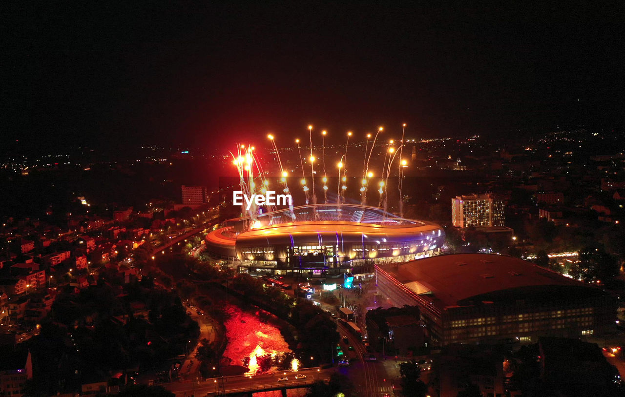 Fireworks above the city, aerial view. flying during new year's eve, 4th of july celebration