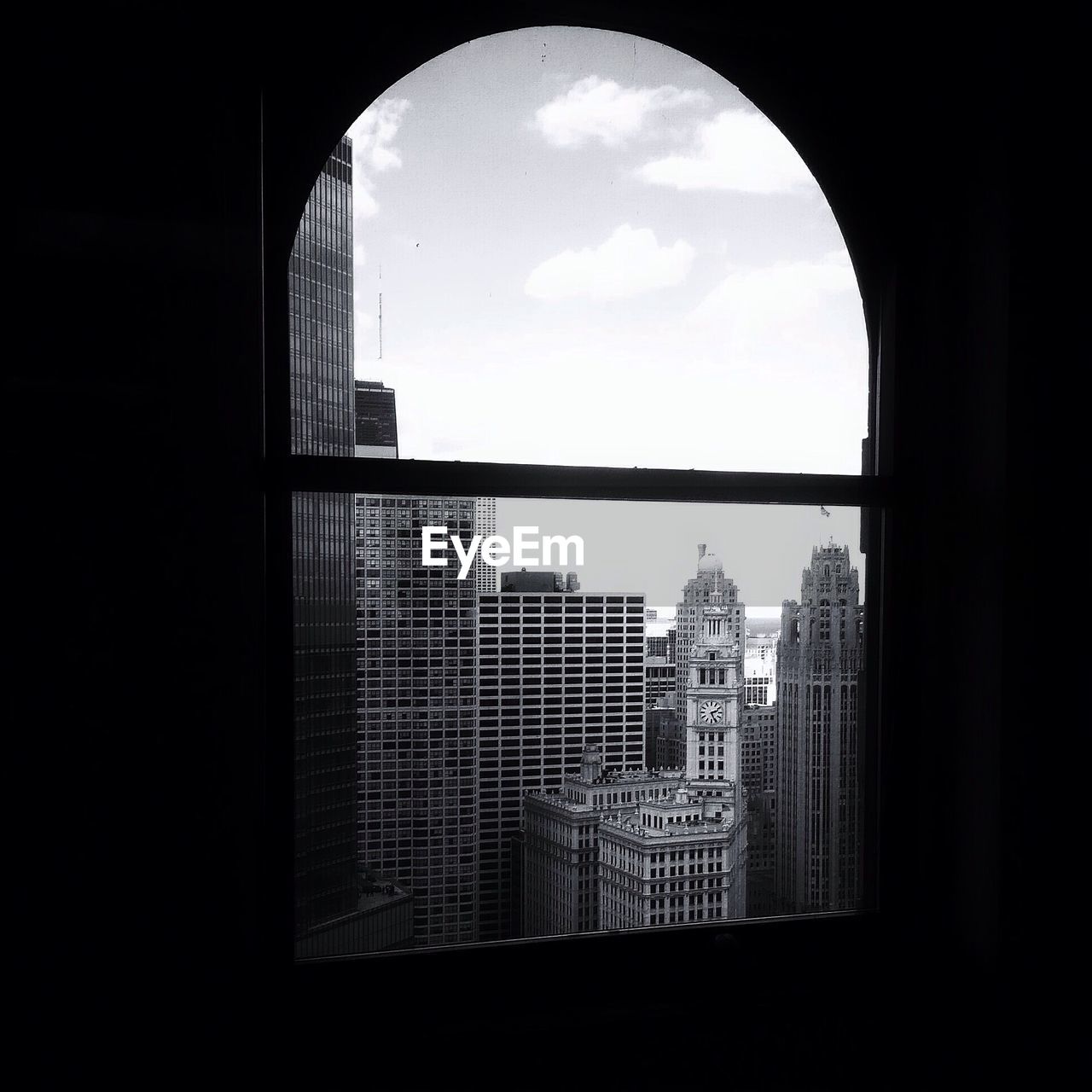 Cityscape seen through window
