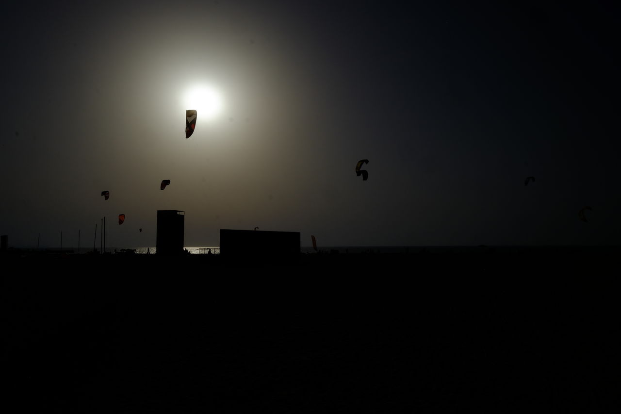 SILHOUETTE BIRDS FLYING OVER SEA AGAINST SKY