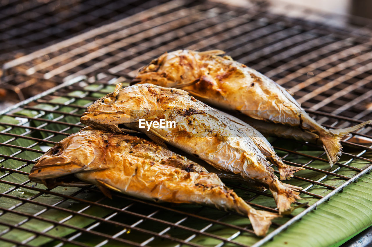 HIGH ANGLE VIEW OF MEAT ON GRILL