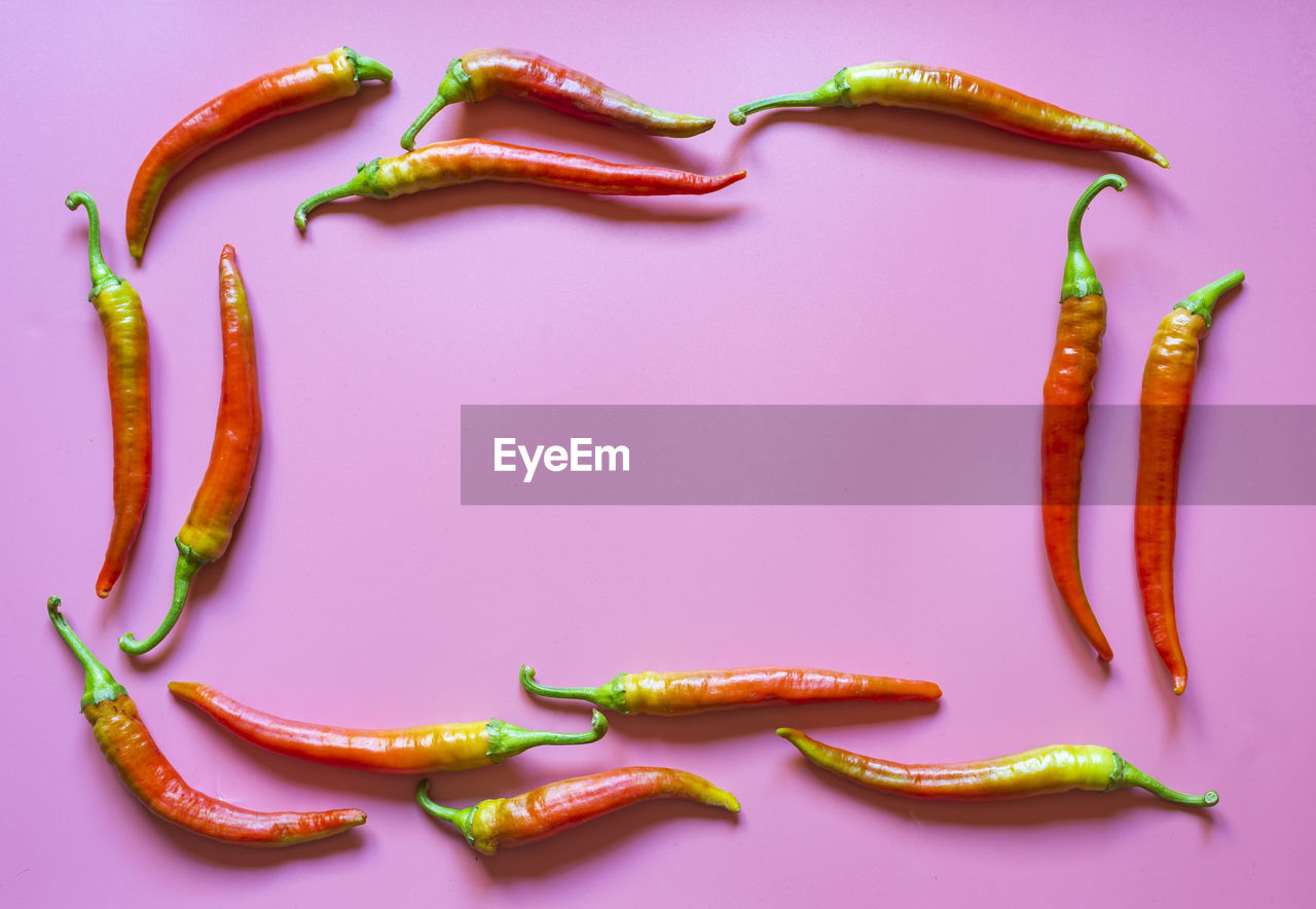 Frame from red, hot, chilli peppers on pink background