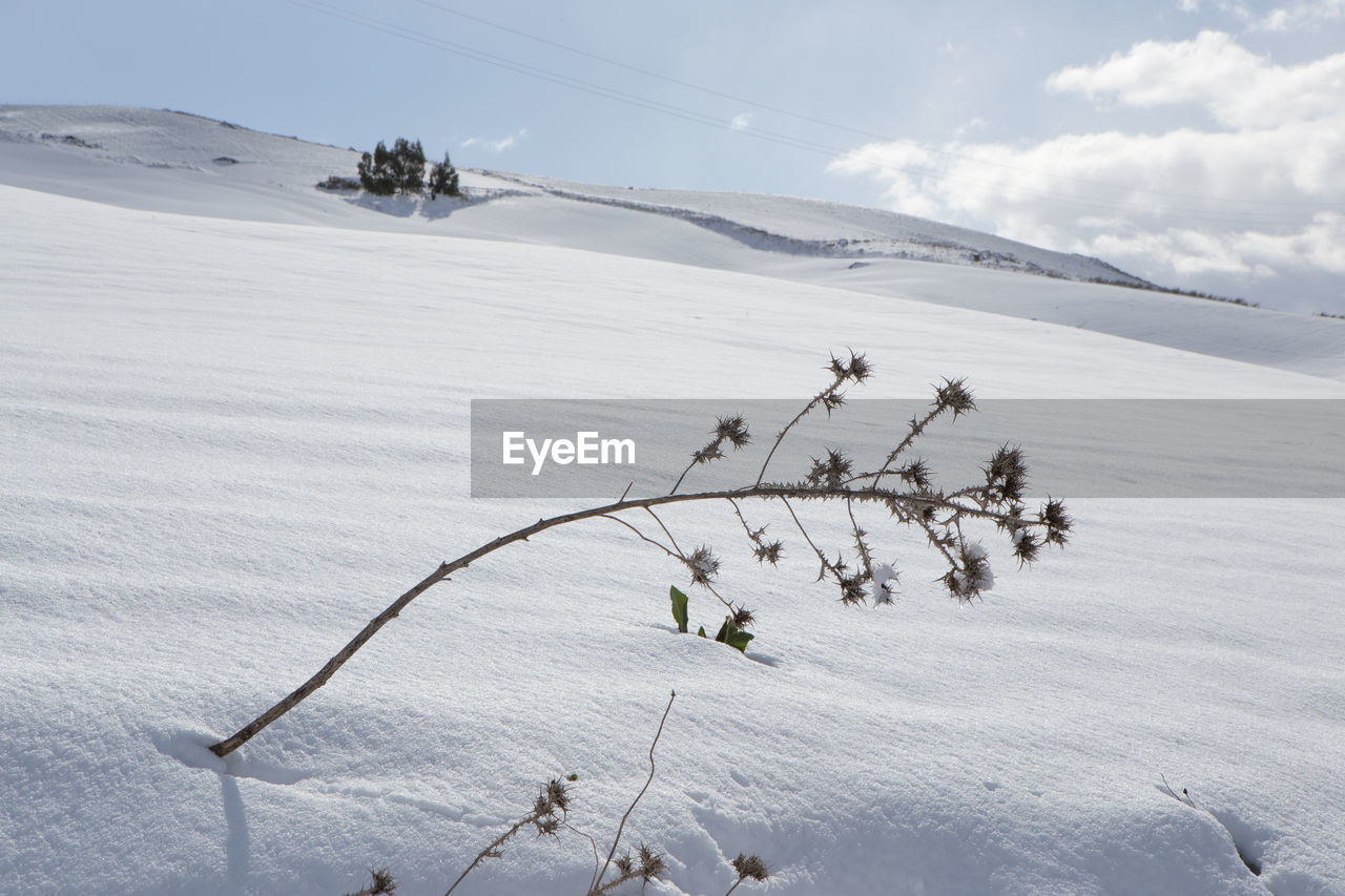 Scenic view of snow covered landscape against sky