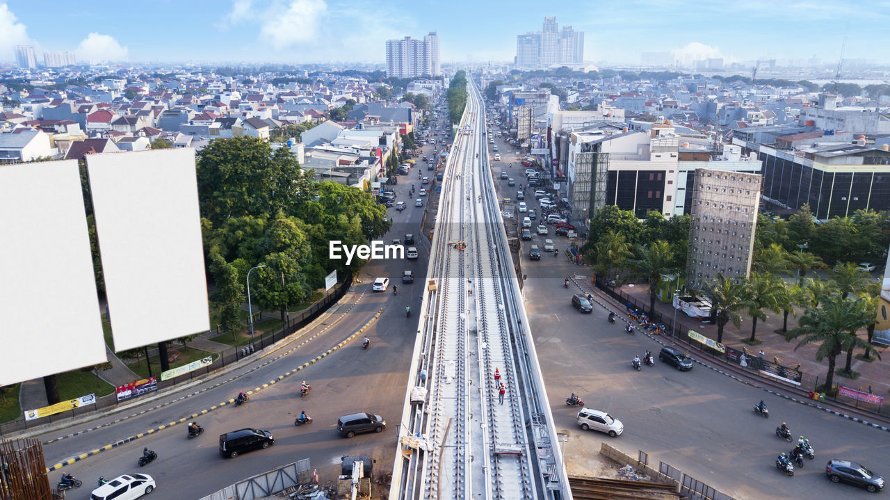 High angle view of railway bridge in city