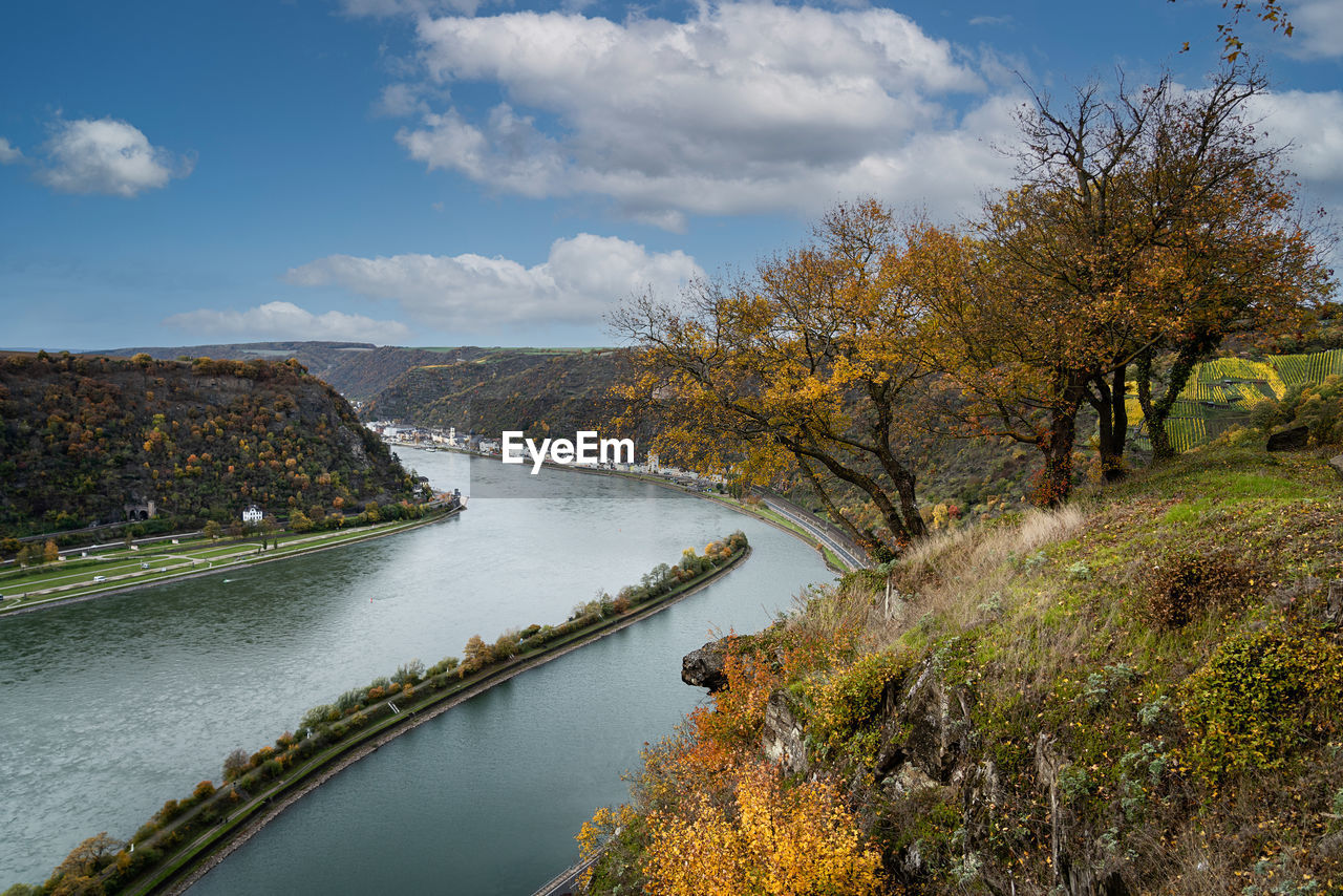 Scenic view of river rhine from loreley against sky during autumn