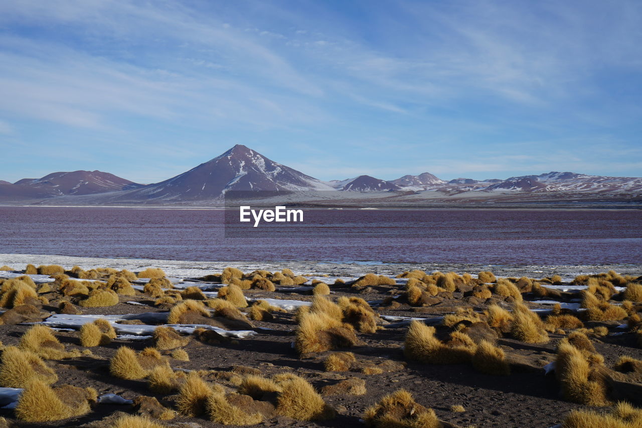 Scenic view of lake and mountains against sky