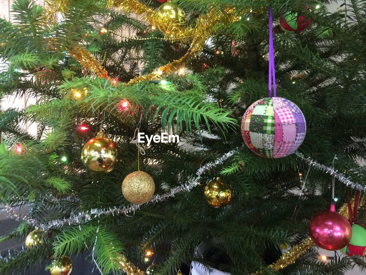 Close-up of baubles hanging on christmas tree