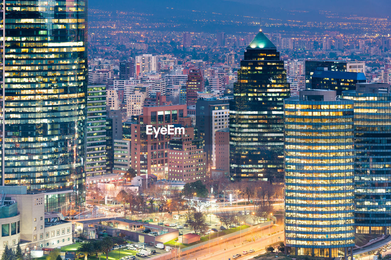 Aerial view of illuminated cityscape at night