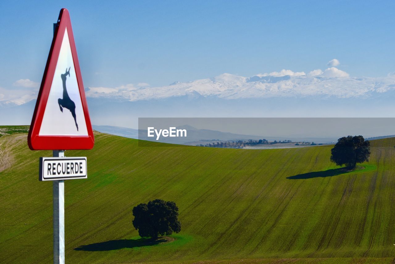 ROAD SIGN ON LANDSCAPE AGAINST SKY