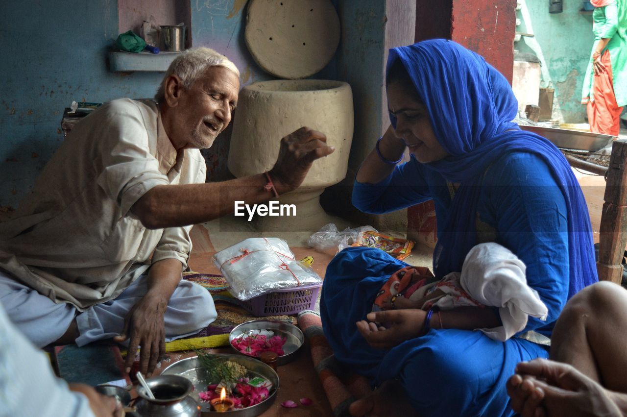 High angle view of family at home