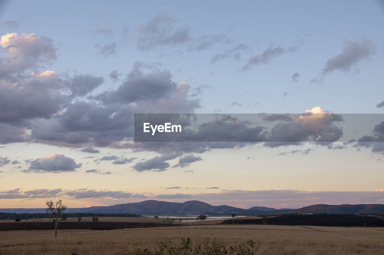 SCENIC VIEW OF FIELD AGAINST SKY AT SUNSET