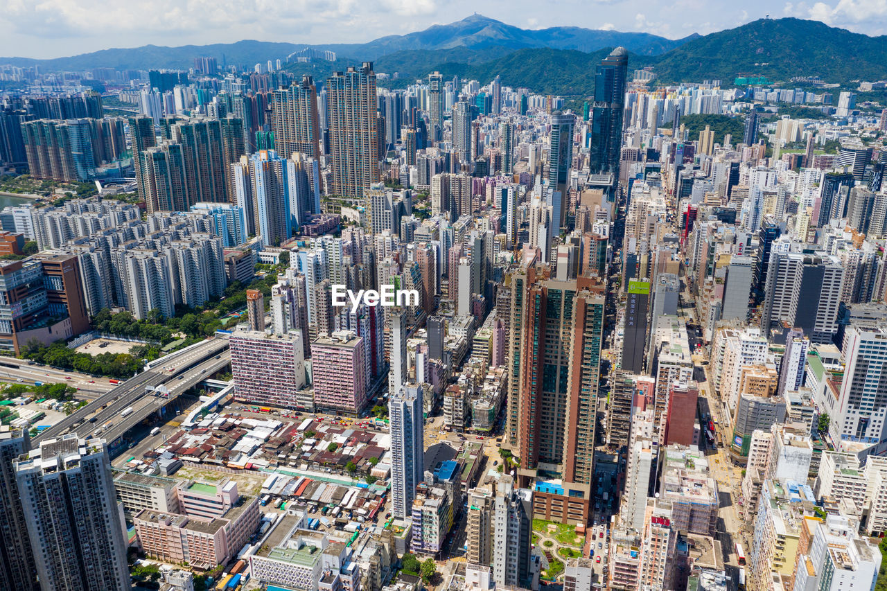 Aerial view of modern buildings in city