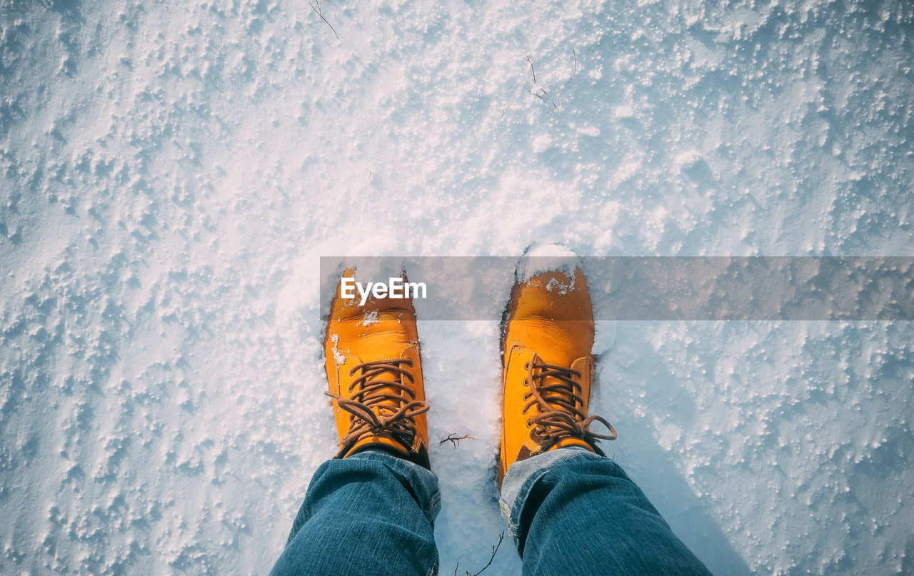 Low section of man standing on snow covered field