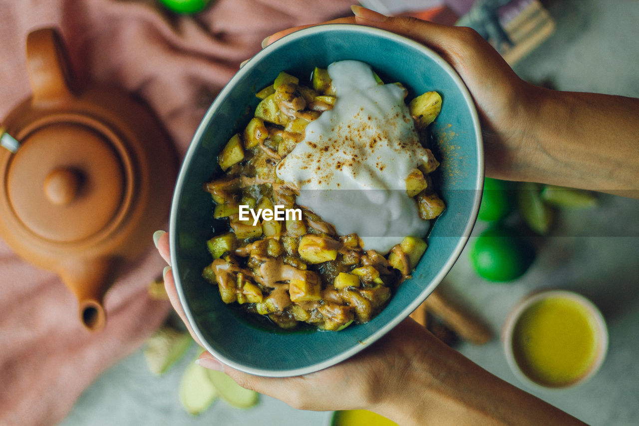 HIGH ANGLE VIEW OF BREAKFAST SERVED IN BOWL