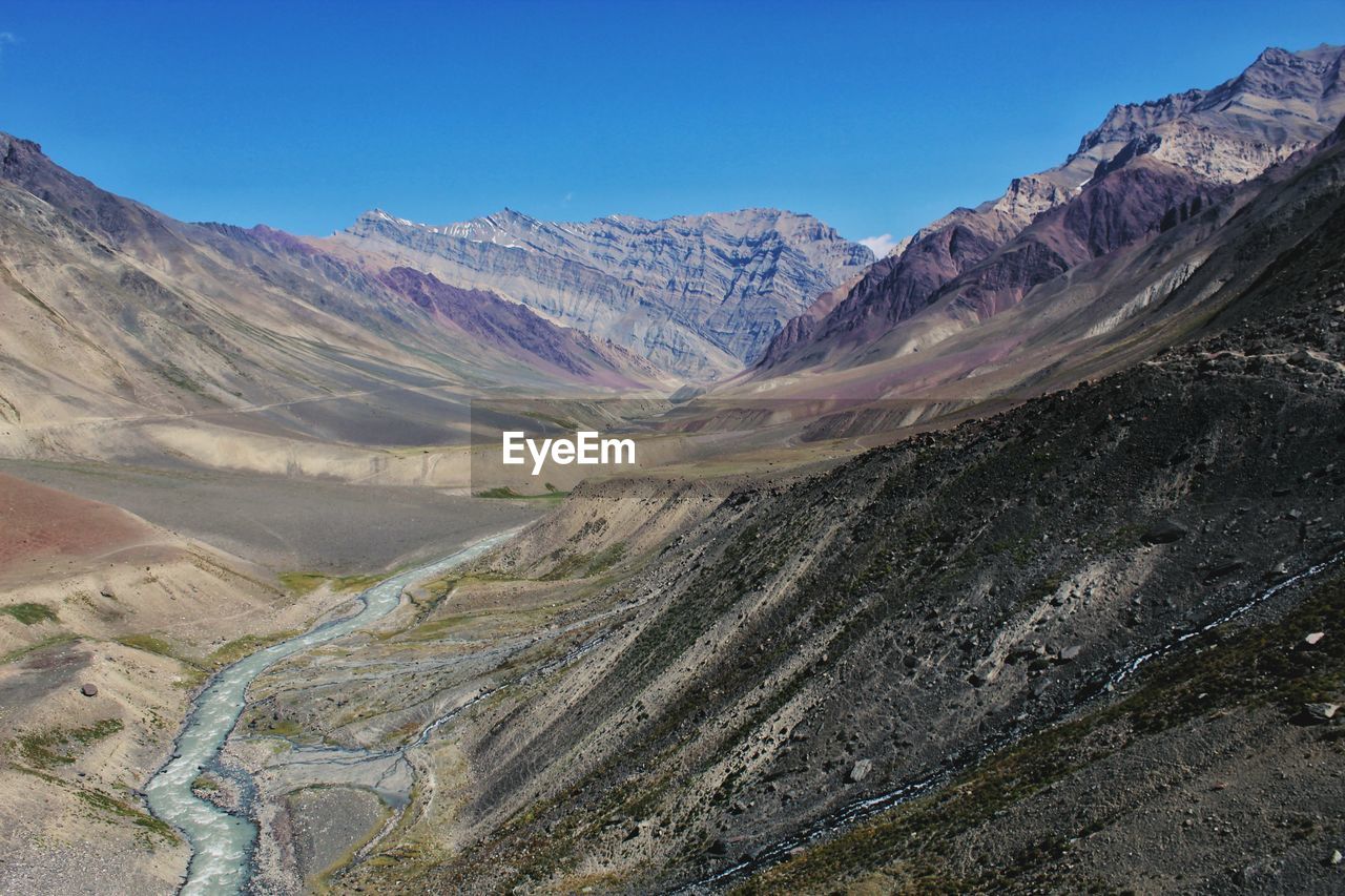 Scenic view of mountains against clear blue sky