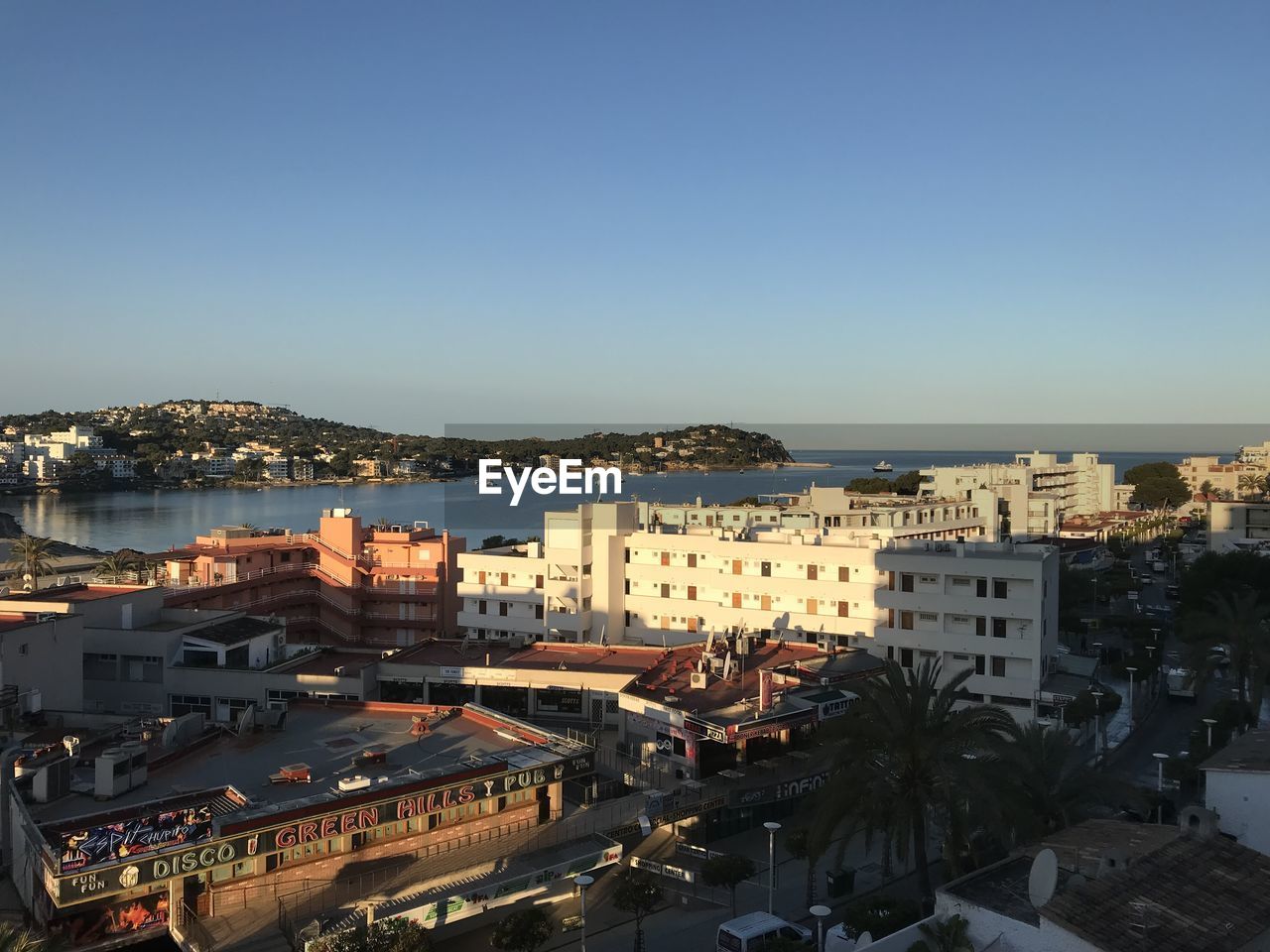 High angle view of townscape against clear sky