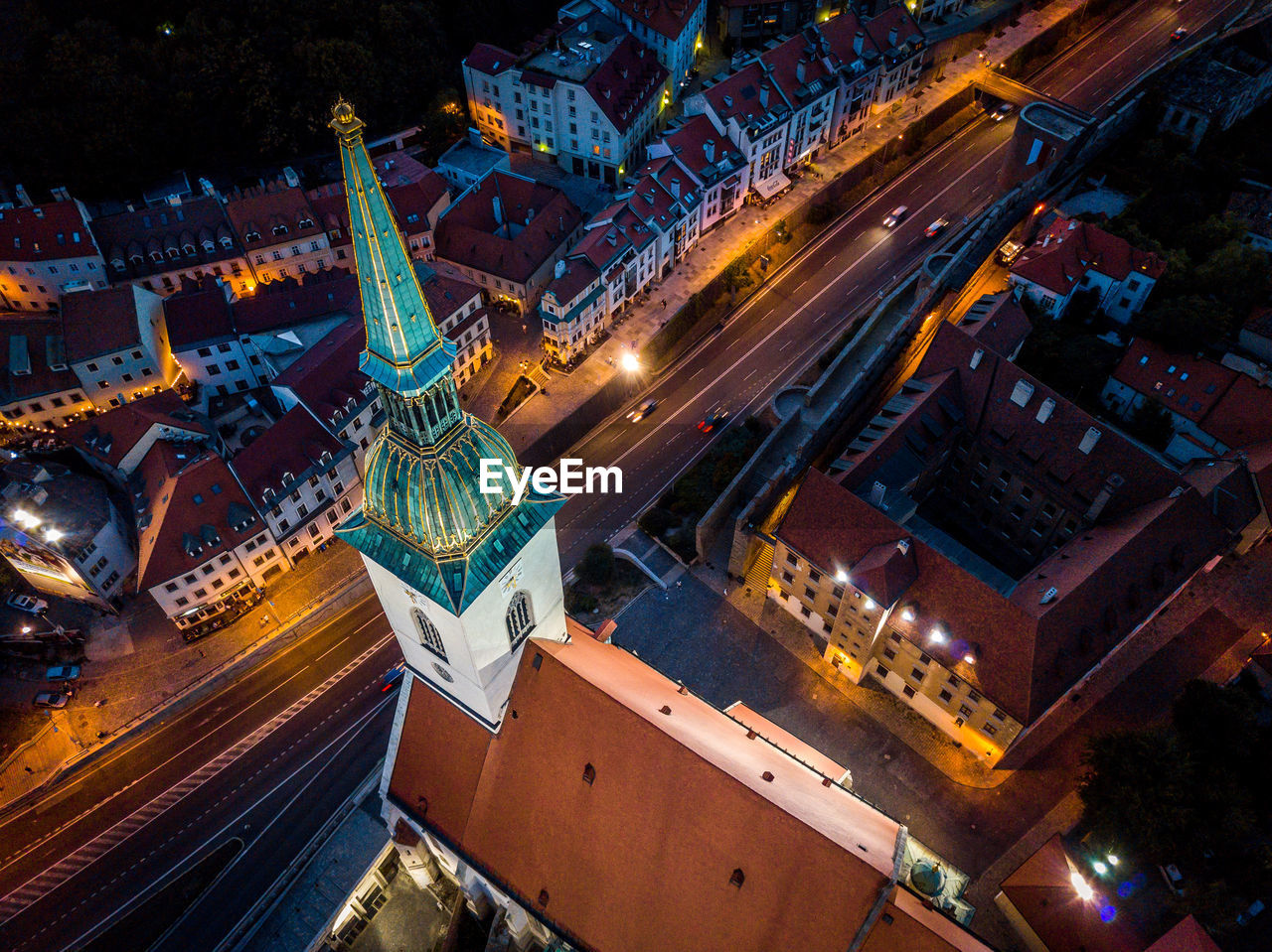 High angle view of illuminated buildings at night