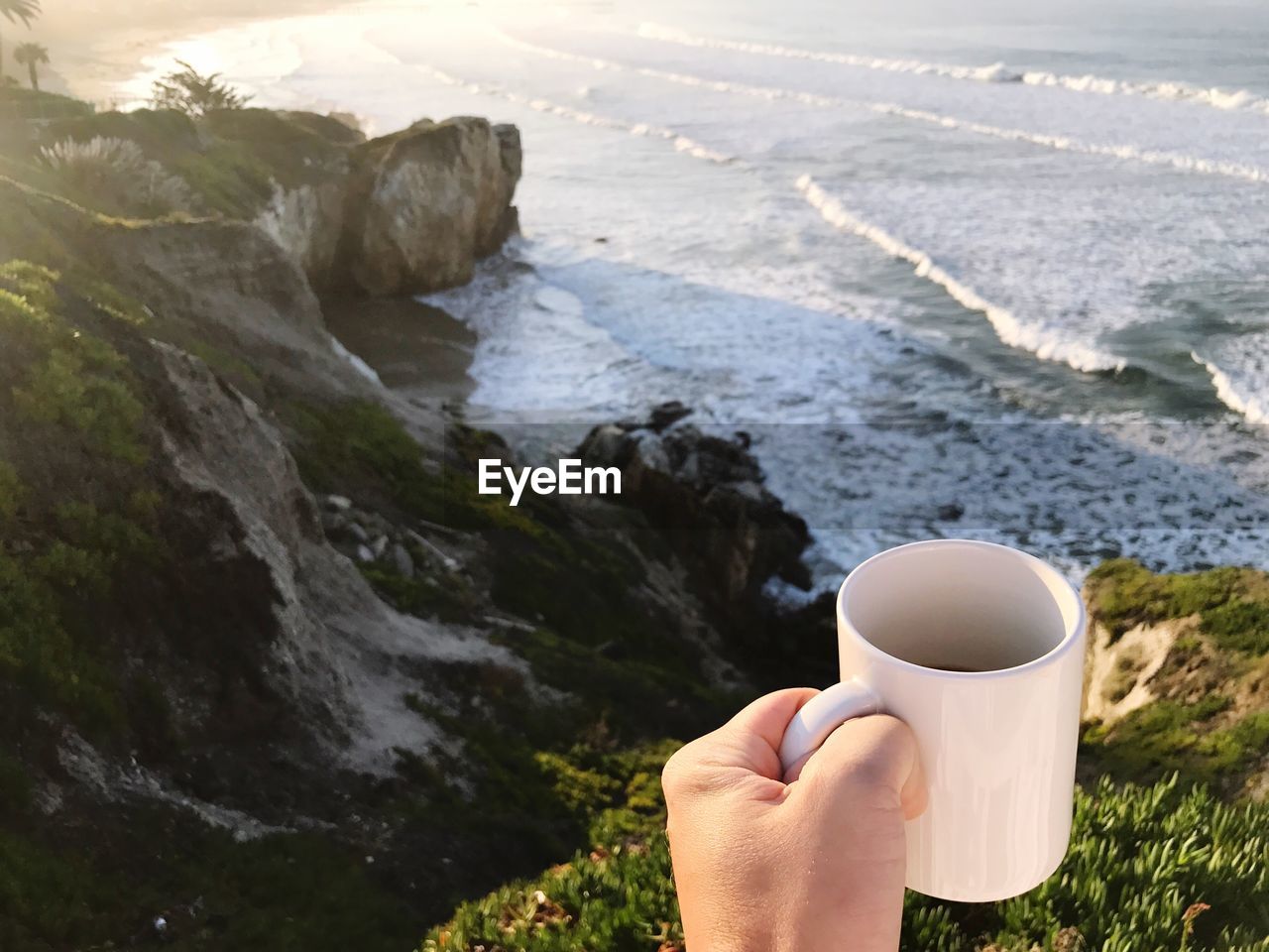 Cropped image of hand holding coffee mug against sea