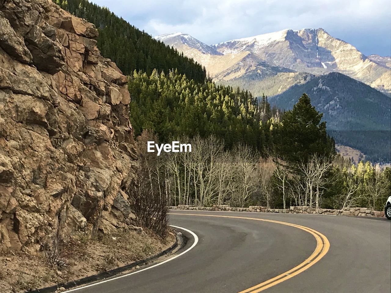 ROAD BY TREES AGAINST MOUNTAINS