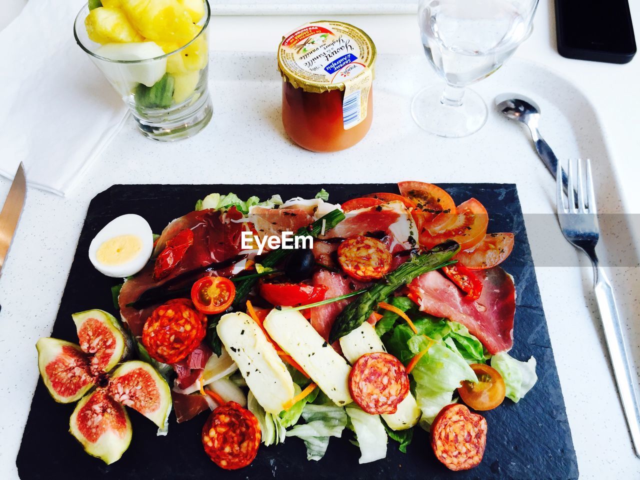 High angle view of salad served in tray on table