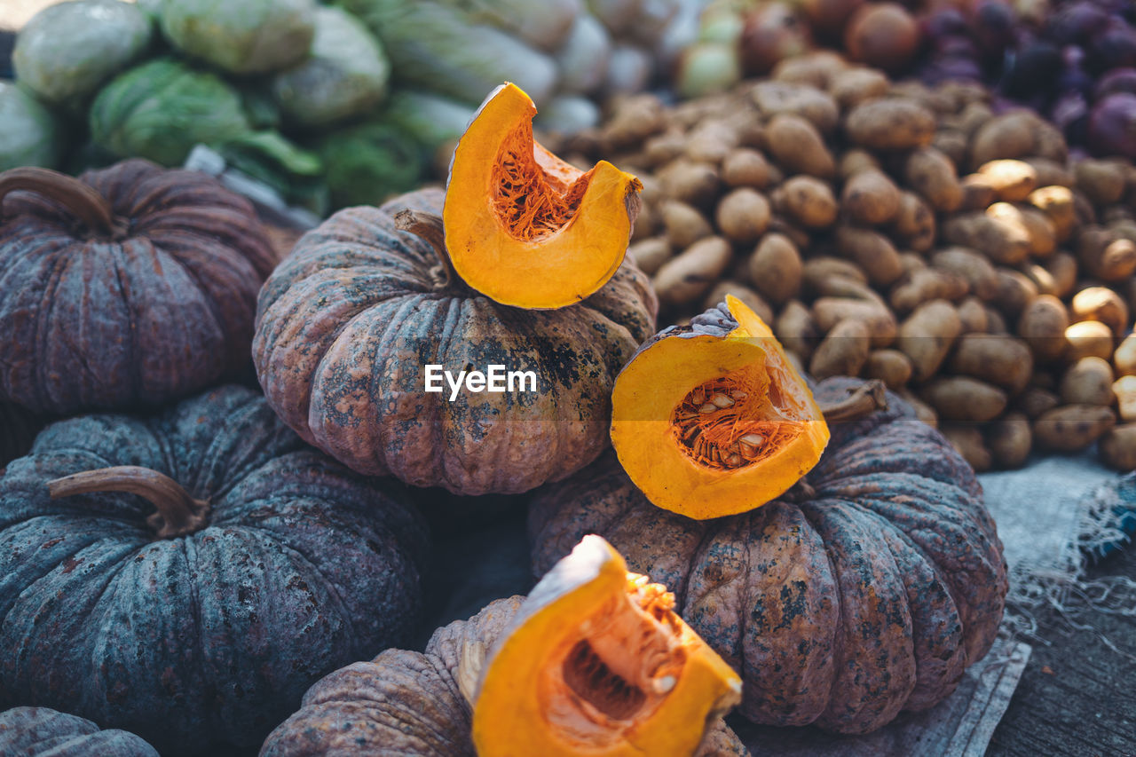 Close-up of pumpkins for sale at market