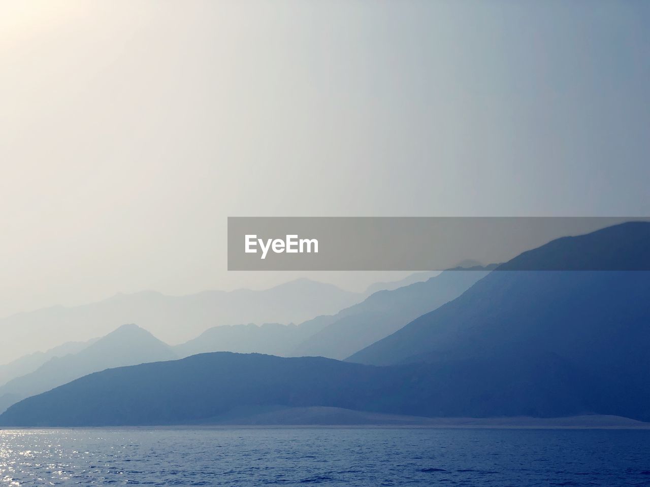 Scenic view of sea and mountains against clear sky