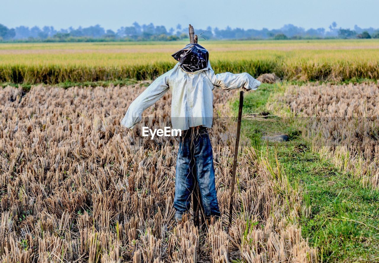 Scarecrow on field against sky