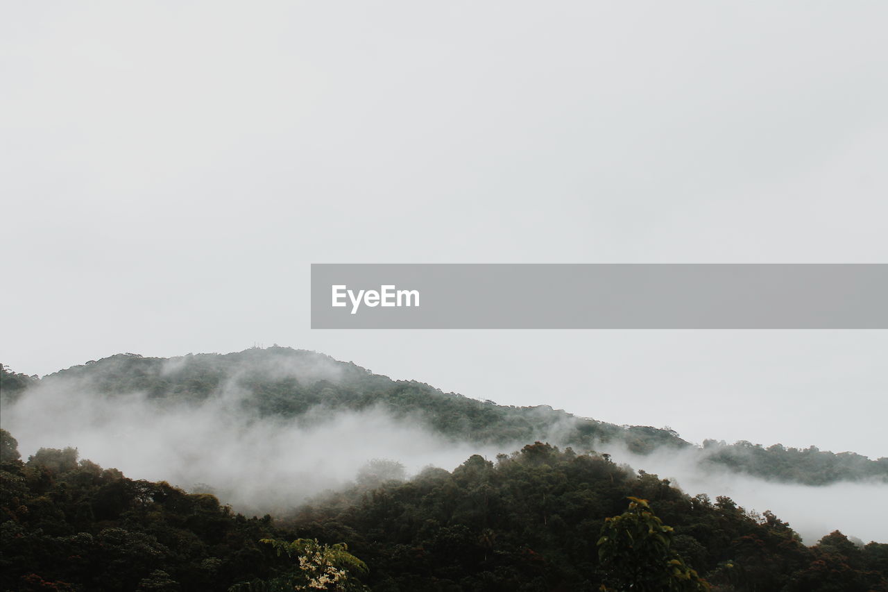 Scenic view of tree mountains against sky during foggy weather