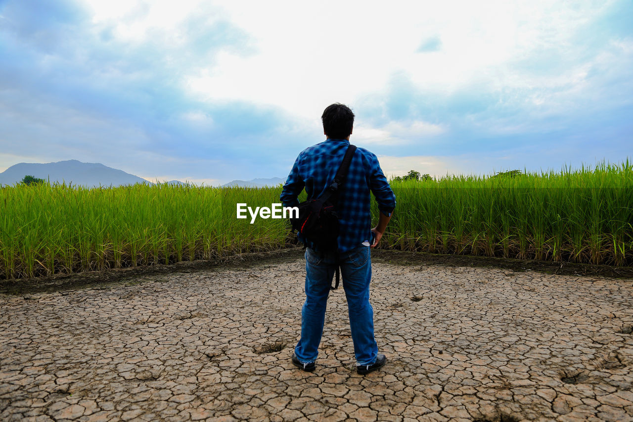 Rear view of man standing on field against sky