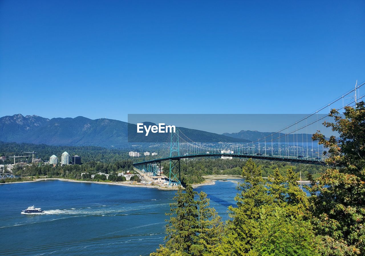 Scenic view of bridge over river against clear blue sky