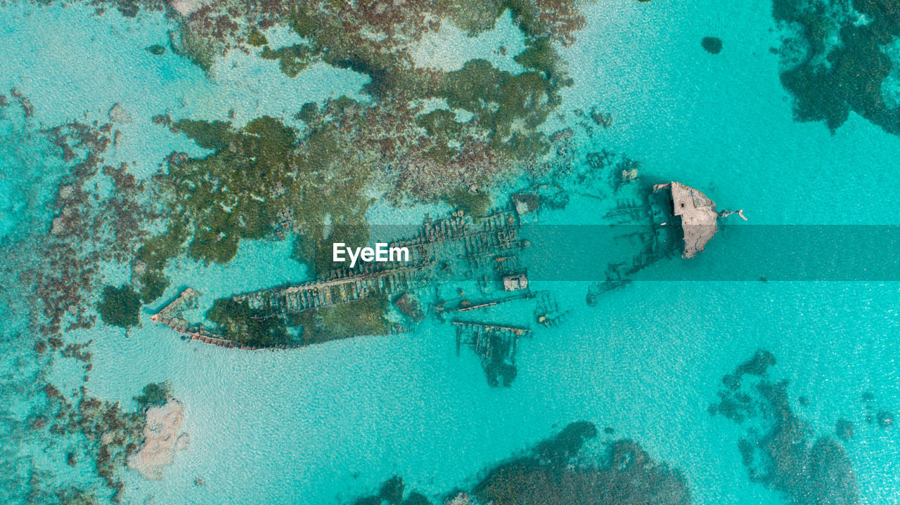 Aerial view of the ship wreck in the indian ocean in dar es salaam.