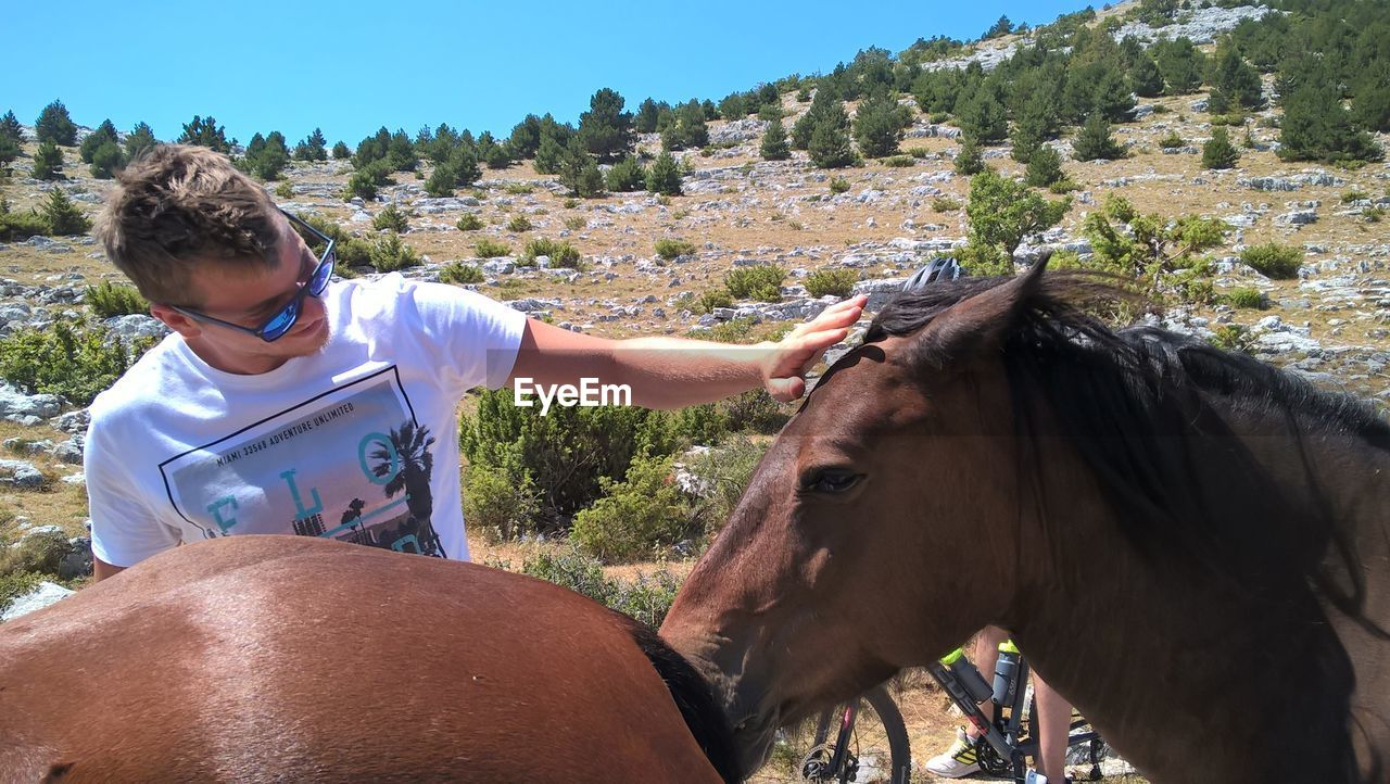 Young woman with horses on mountain