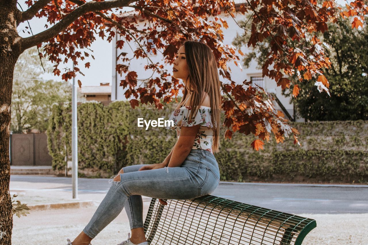 Woman sitting on bench against trees