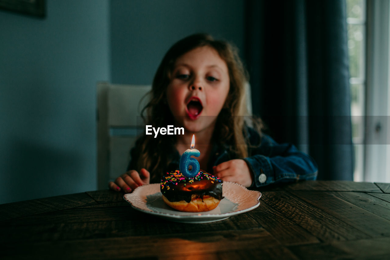 Cute girl blowing candle on birthday cake