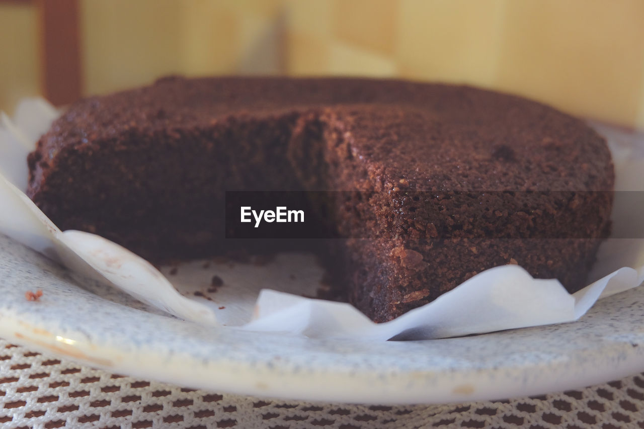 Close-up of chocolate cake in plate