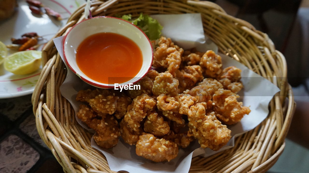 High angle view of food in plate on table