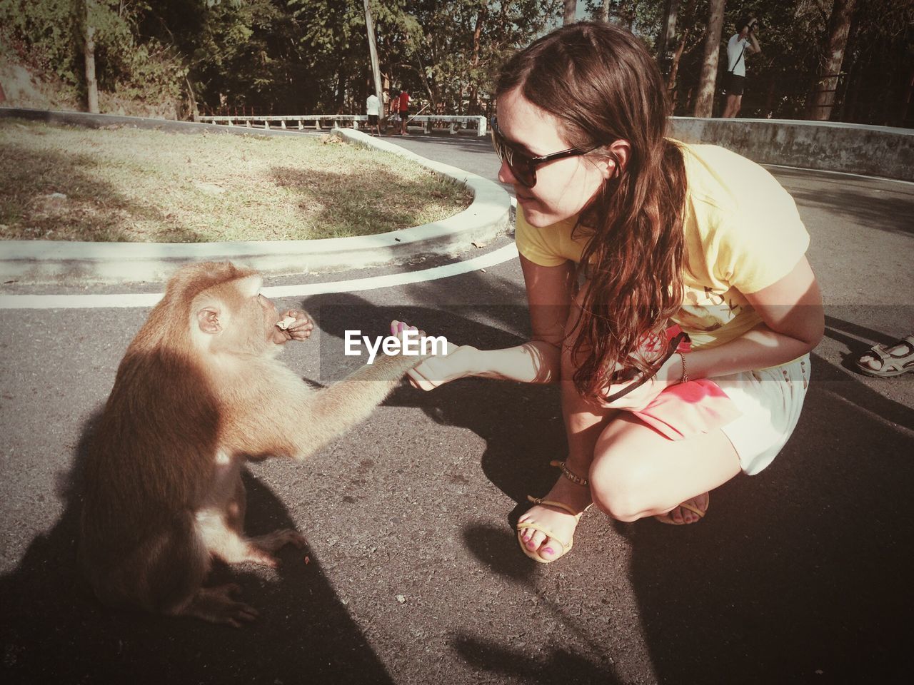 Smiling woman feeding monkey on road