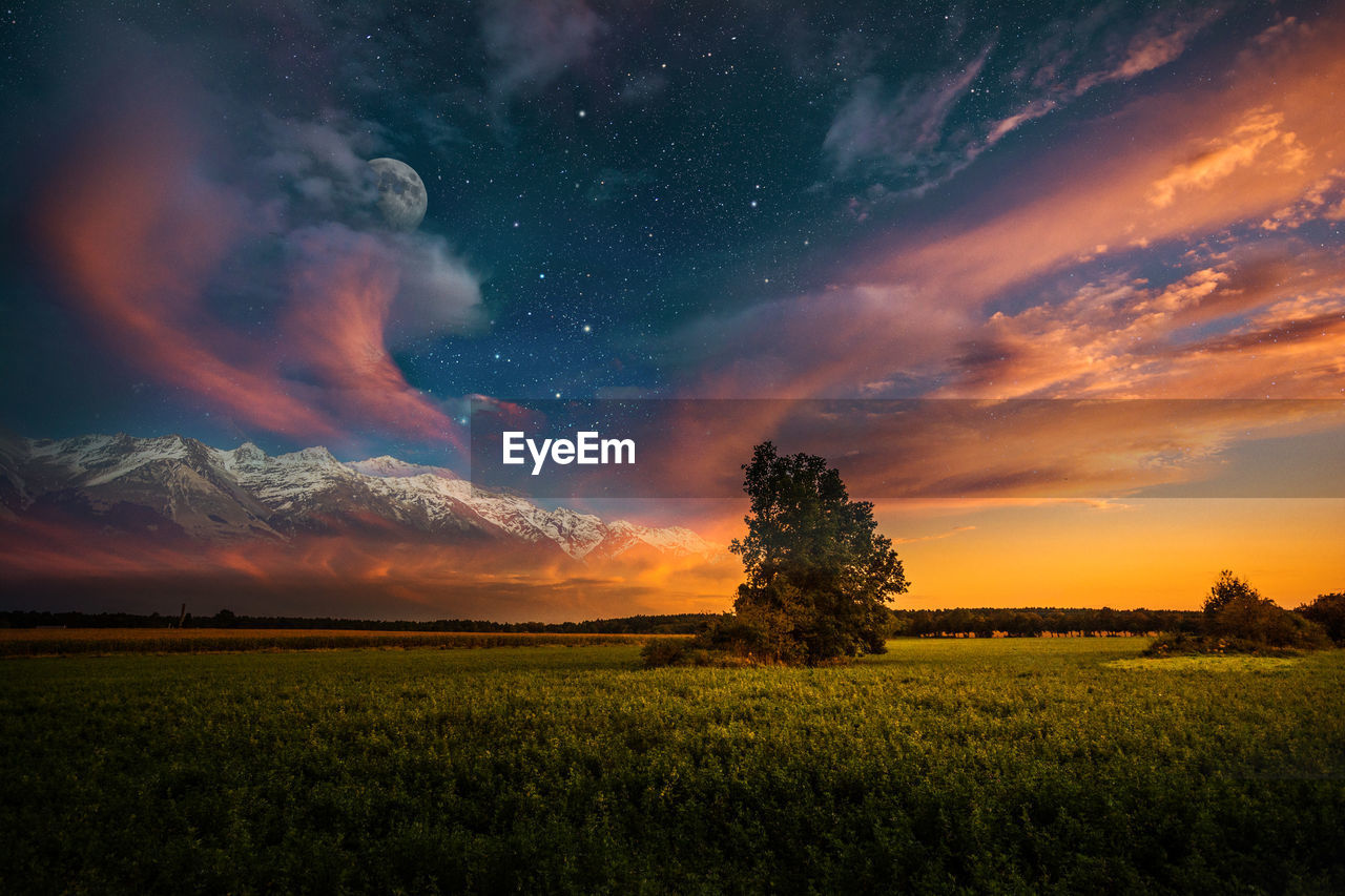 Scenic view of field against sky during sunset