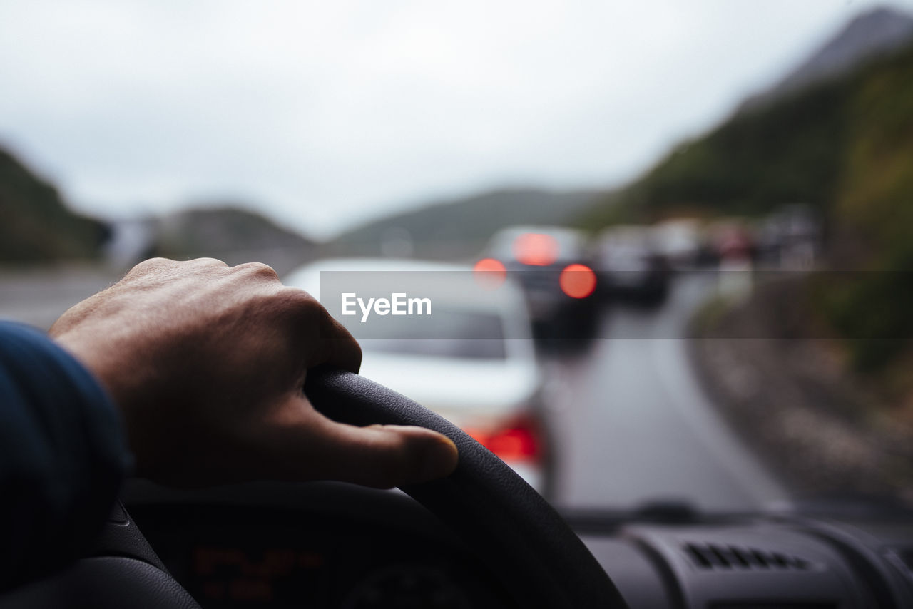 View from inside a motorhome in a traffic jam during a trip.