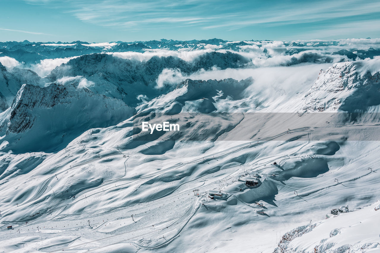 Mountain panorama from the viewing platform on the zugspitze. german and austrian ski areas.