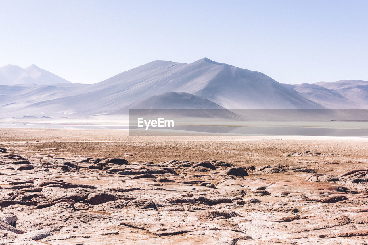 Scenic view of snowcapped mountains against clear sky