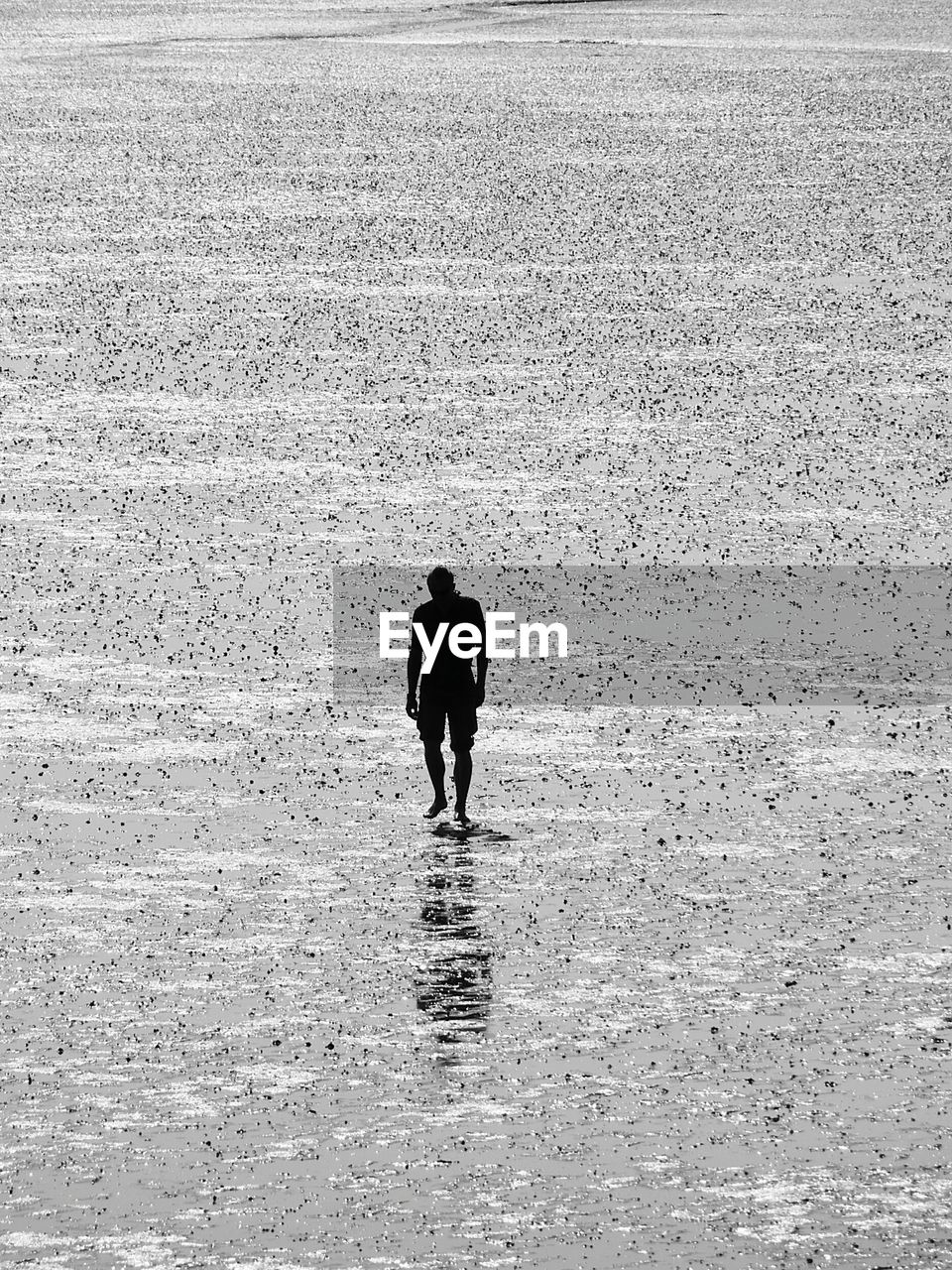 Silhouette man walking at wet beach