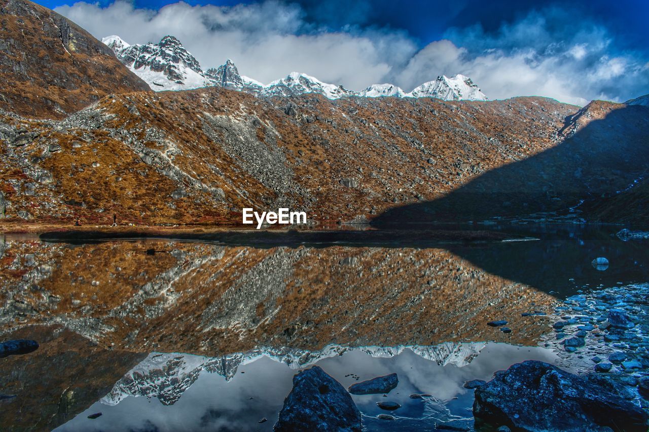 Reflection of mountains in lake during winter