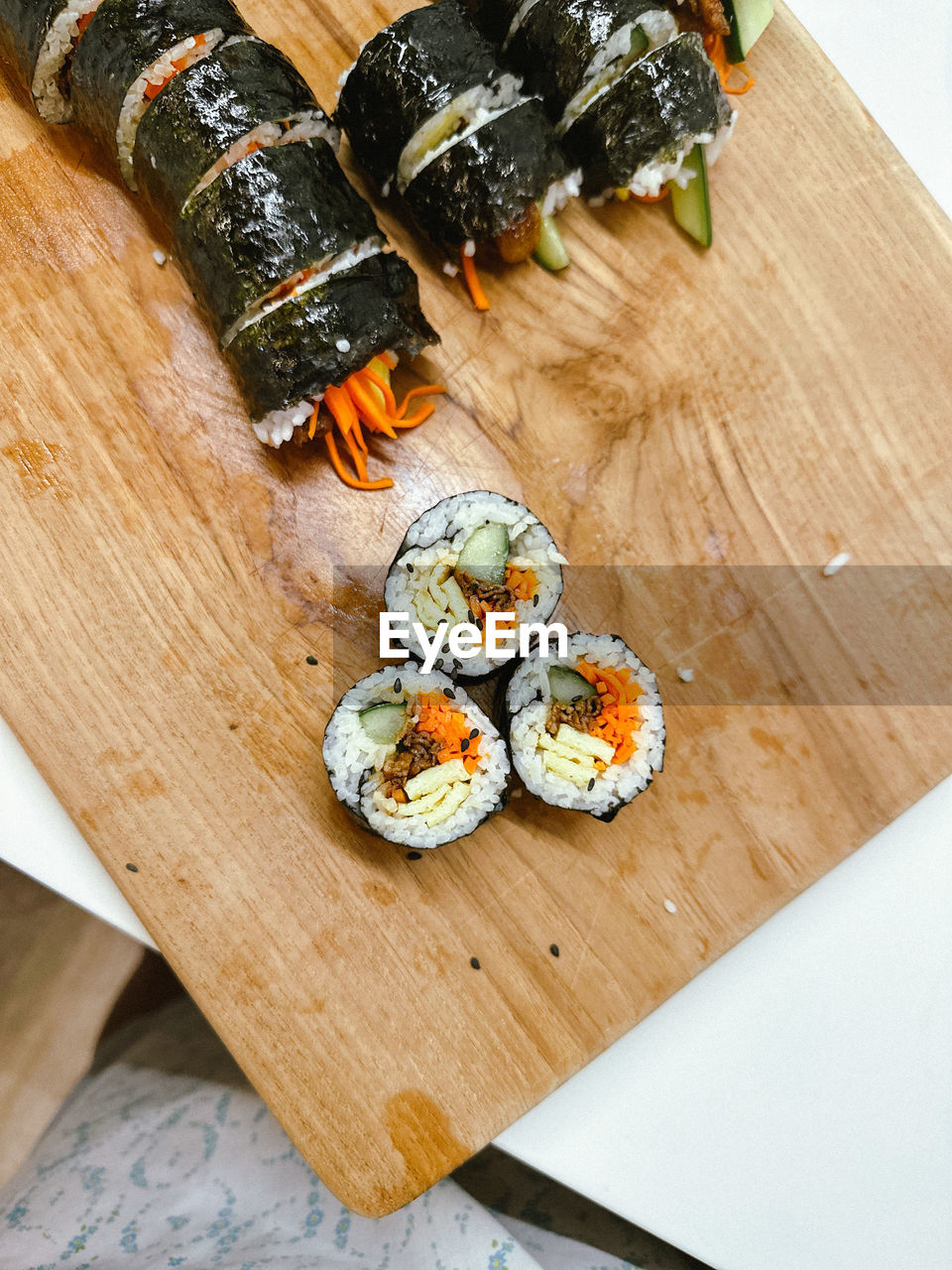 high angle view of sushi on cutting board