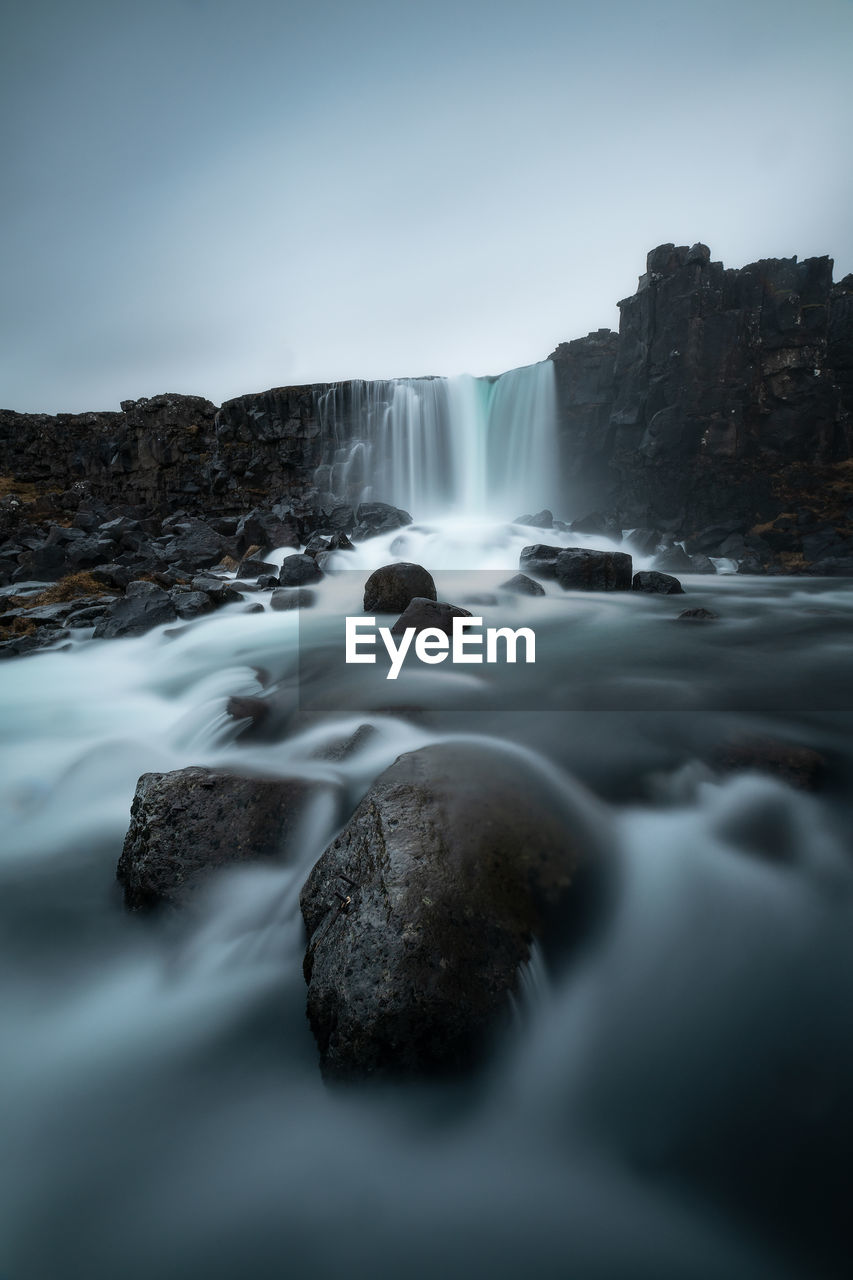 Close-up of waterfall against sky