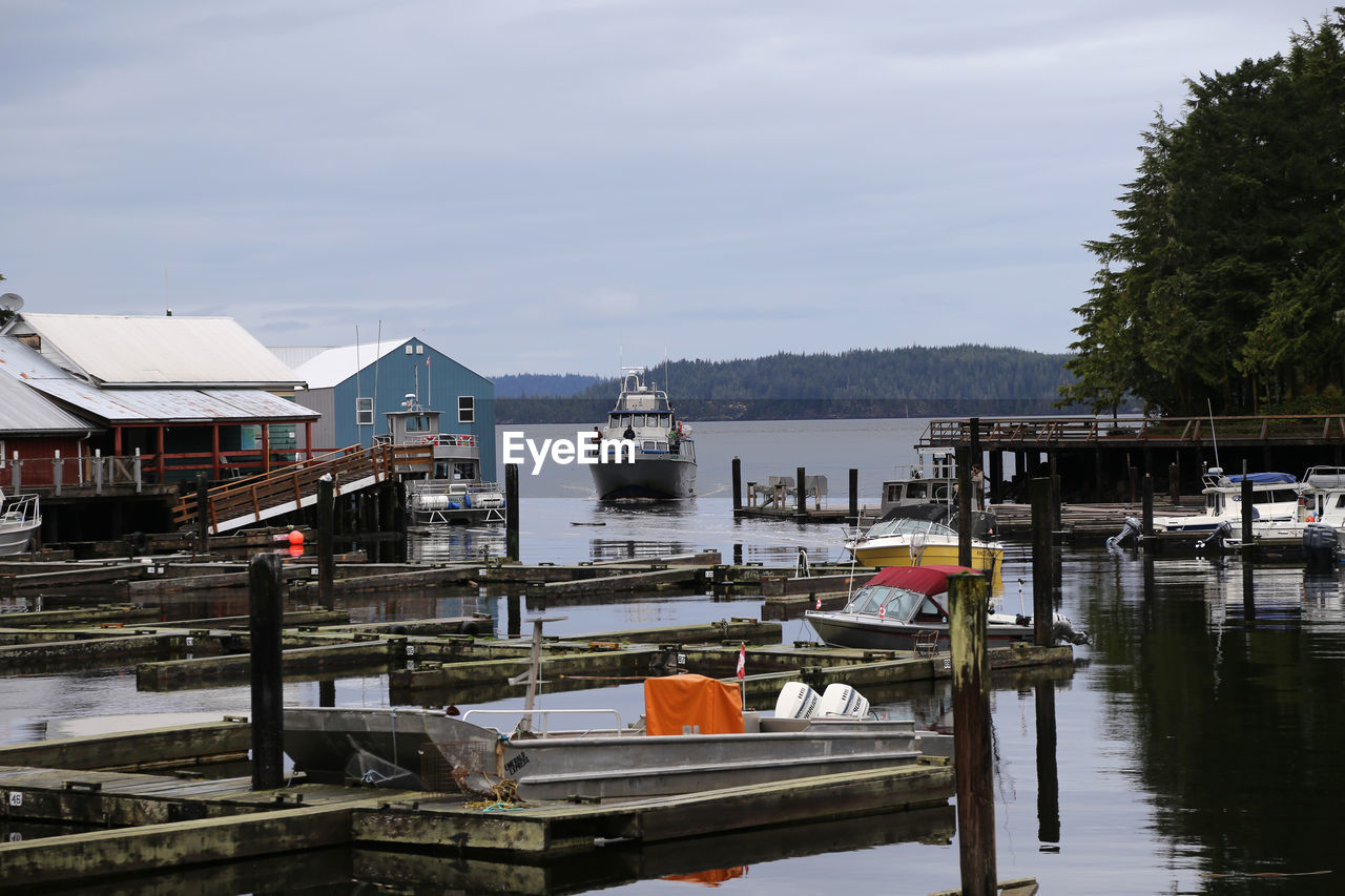 BOATS MOORED IN LAKE AGAINST SKY