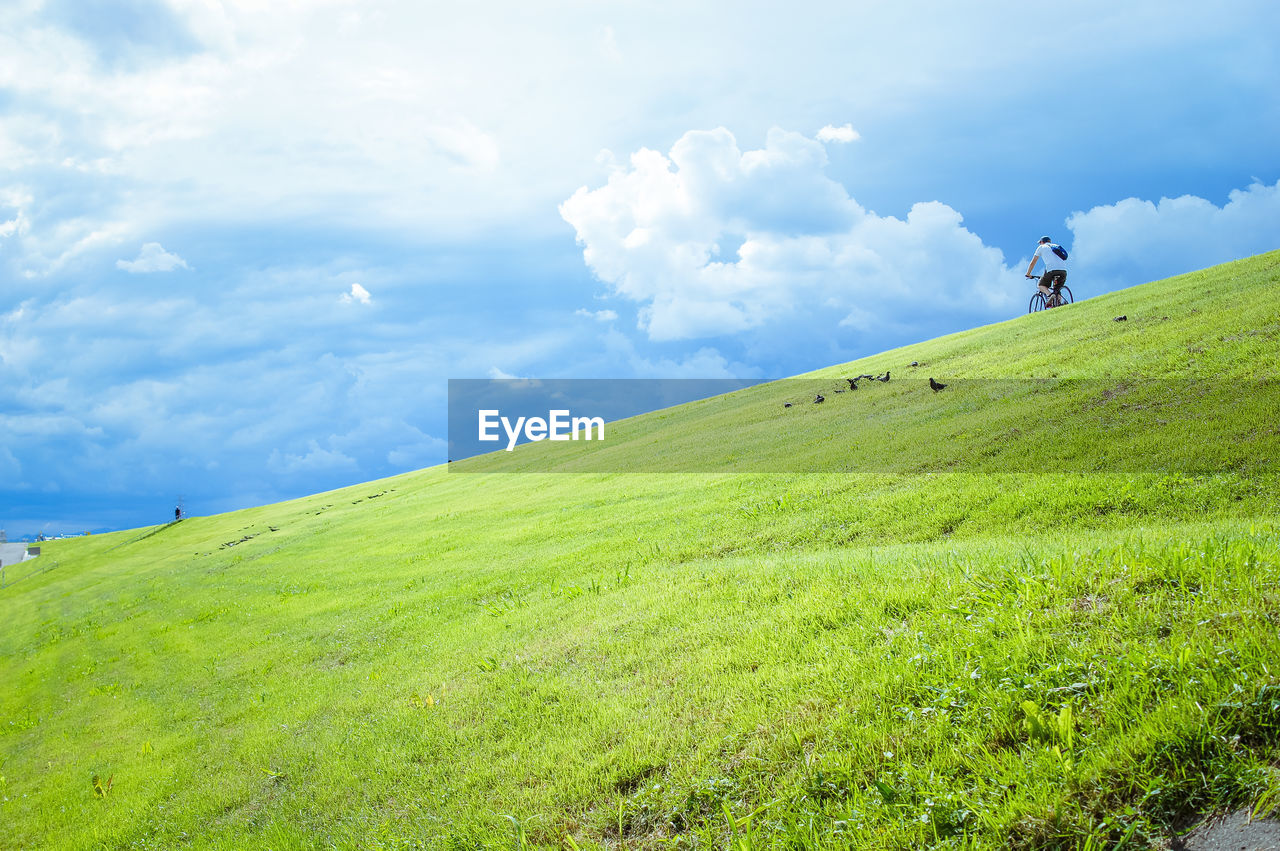 Man riding bicycle on grassy field against sky