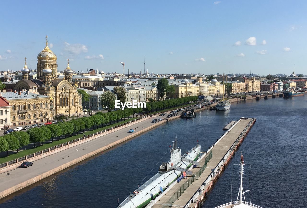 High angle view of city at waterfront